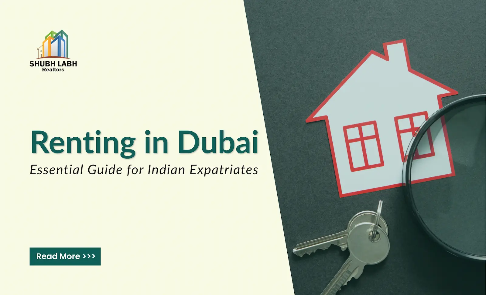 An Indian tenant with a suitcase exploring an apartment in Dubai as a skyscraper skyline looms in the background