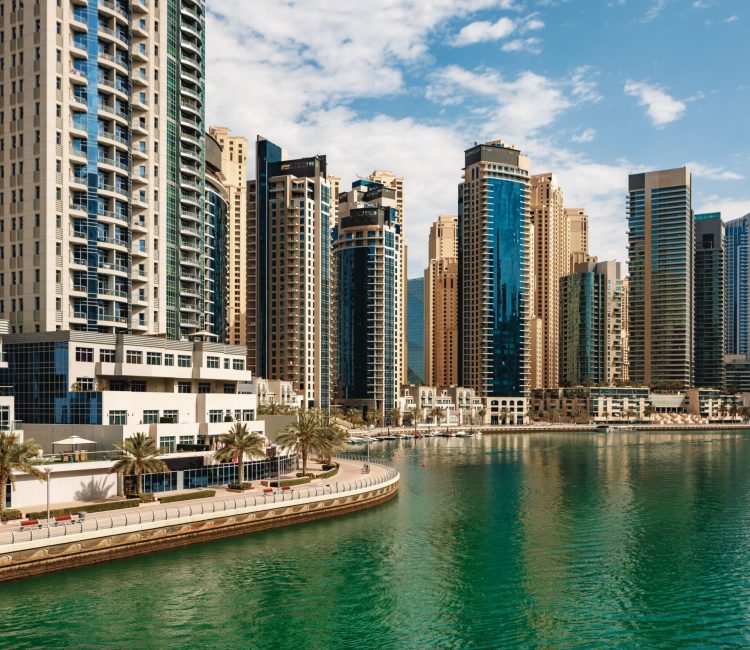 Dubai Marina skyscrapers and port in Dubai, United Arab Emirates background